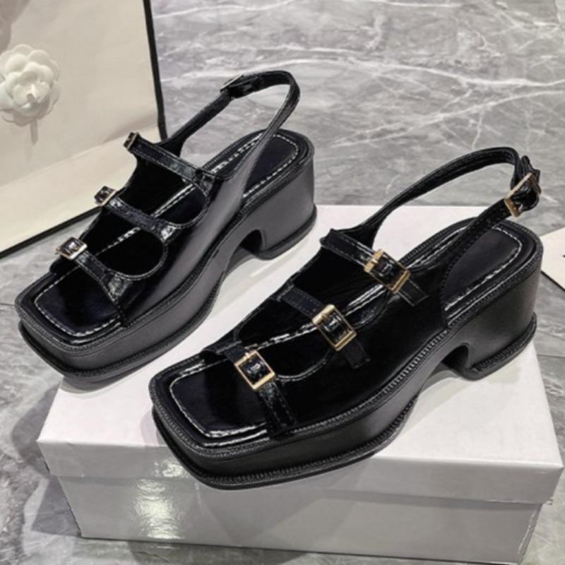 Fashion Women's Fashion Chunky Sandals Summer New Square Head Open Toe Metal Buckle Platform Non-slip High Heels