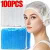 50pcs Disposable Bouffant Caps Stretch Net Hair Head Cover Non Woven Fabric Dust Strip Hat Cooking Kitchen Bathroom Supplies
