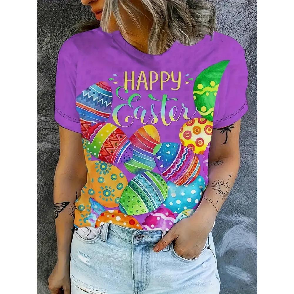 

Full Print Colorful Easter Bunny & Floral Eggs Women New In Casual Short Sleeve Crew Neck 3XL