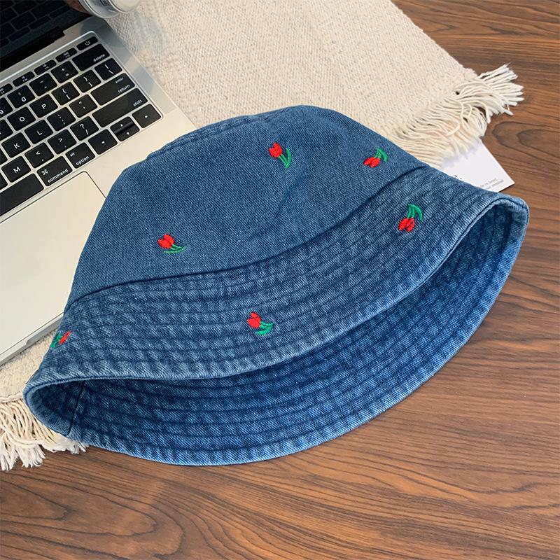 Fashionable Embroidered Cherry Denim Wide Brim Hat Unisex Summer Accessory Essential
