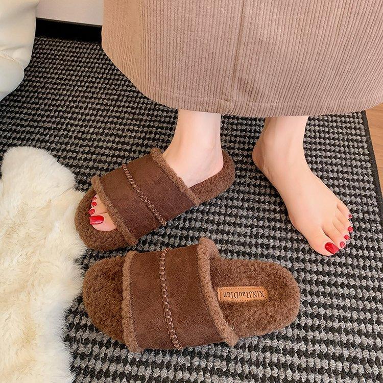 Thick-bottomed Boken Fluffy Slippers for Women's Outerwear One-word Drag with Fleece To Keep Warm 2025 New Autumn and Winter Retro Cotton Slippers