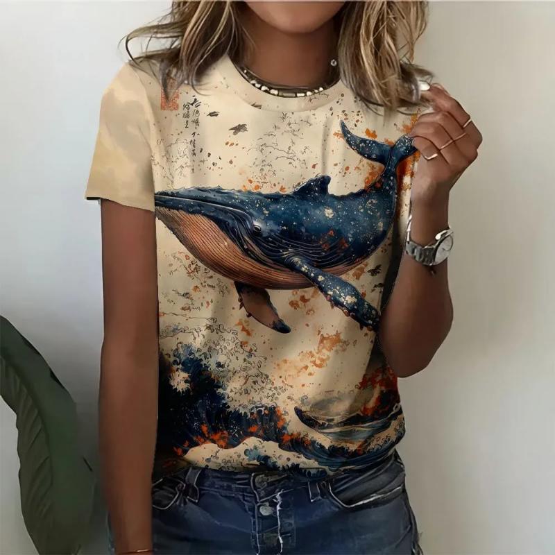 Modisches Damen Rundhals Kurzarm 3D Tier Farbdruck Tier Kurzarm Rundhals T-Shirt