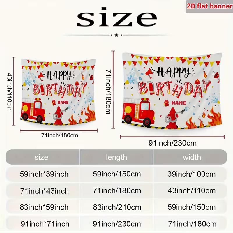 Playful Fireman Birthday Backdrop, Bright Red and Yellow Design with Fire Truck and Firefighter Elements, Festive Kids' Party Wall Decor