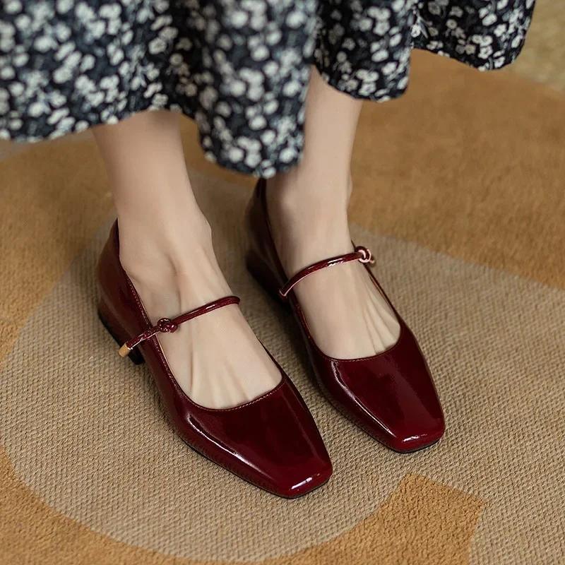 Buty Mary Jane Bordowe Kwadratowy Nosek Skórzane Buty Damskie Retro Lakierowane Buty Chaussure Femme Czółenka na Niskim Obcasie