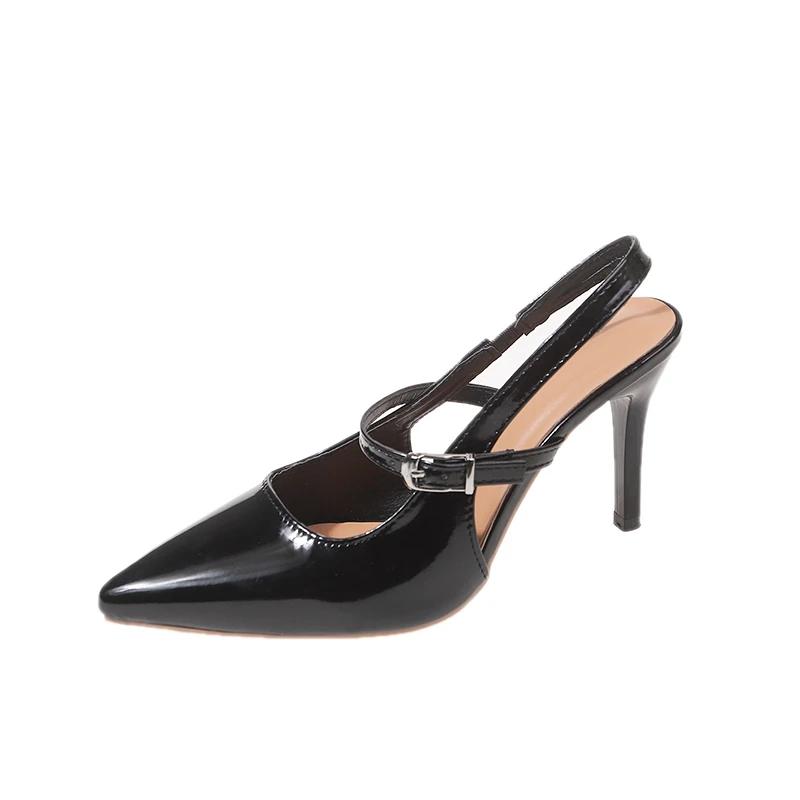Fashion Metal Buckle Pumps Women Med Heels Footwear Pointed Toe Shoes Ladies Heels Shoes Luxury Female Slingbacks Sandals