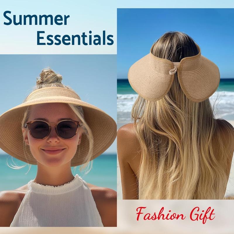 Summer Women Wide Brim Sun Hat, Roll-Up Foldable Beach Ponytail Hat, Seaside Travel Straw Hat, UV Protection Outdoor Visor Cap