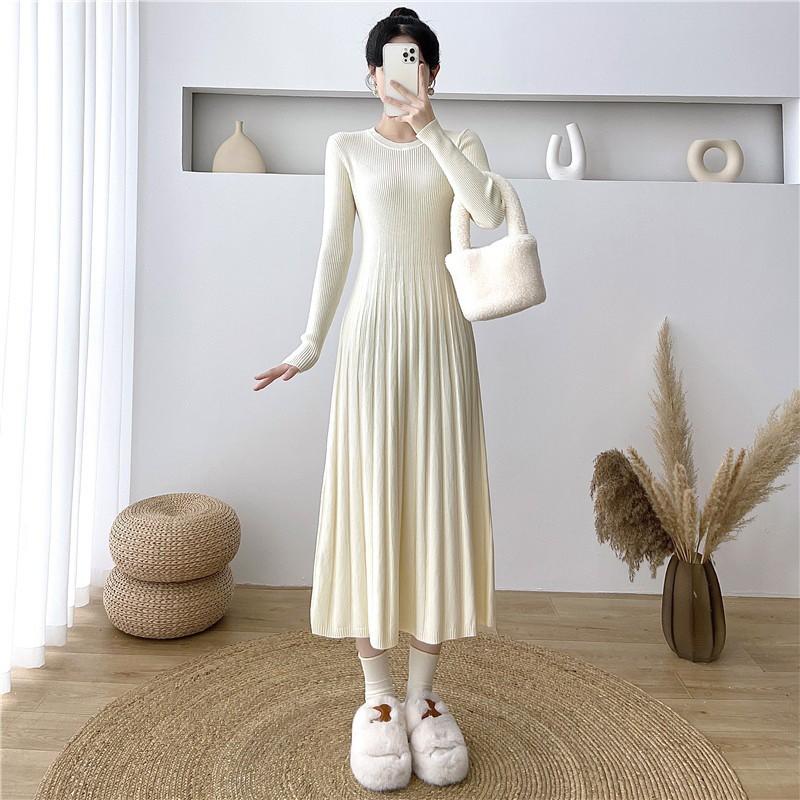Womens Long Sleeve Knit Dress With Pleated Skirt Slim Fit Mid-Length Sweater Winter 2026