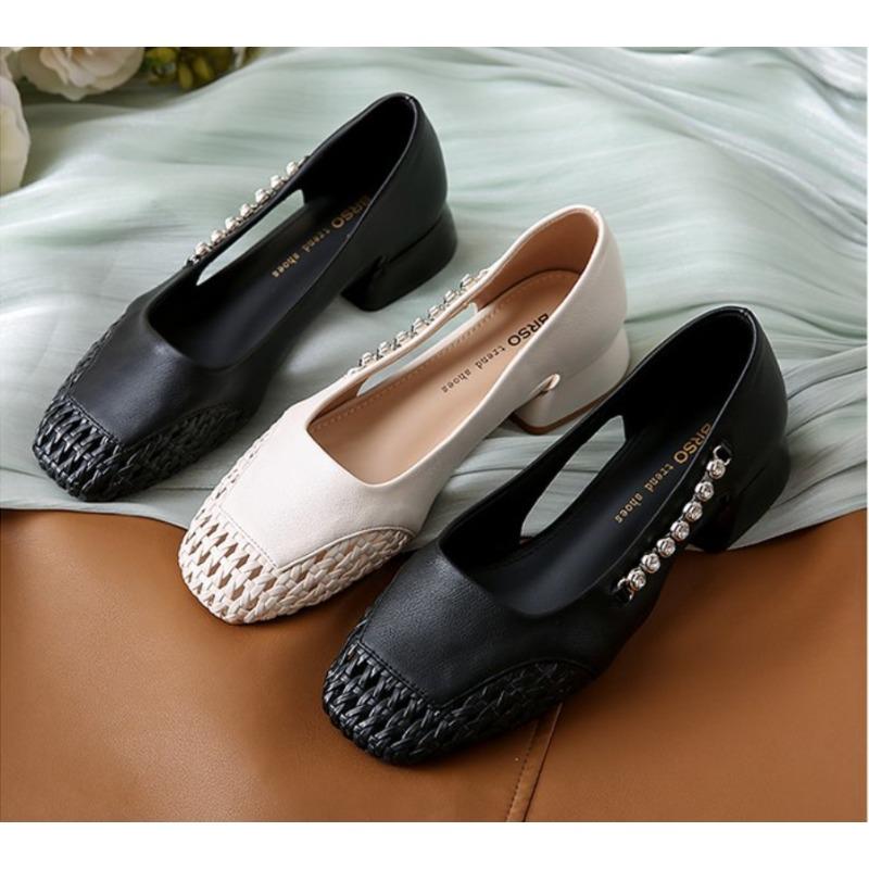 Fashion 2025High-end Summer Breathable Woven Single Shoes Cut-out Shallow Rhinestone Block Heel Women's Shoes