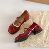 Fashion Red Pumps for Women Spring Autumn Thick Middle Heel Leather Women's Single Shoes Fashion Round Toe Bow Heeled Mary Jane Shoes
