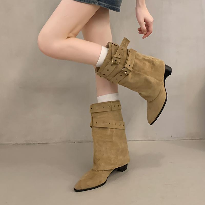 New Style Fashion Pointed Toe Women Western Ankle Boots Elegant Thick Heels Shoes Laides Belt Buckle Short Booties Zapatos Mujer