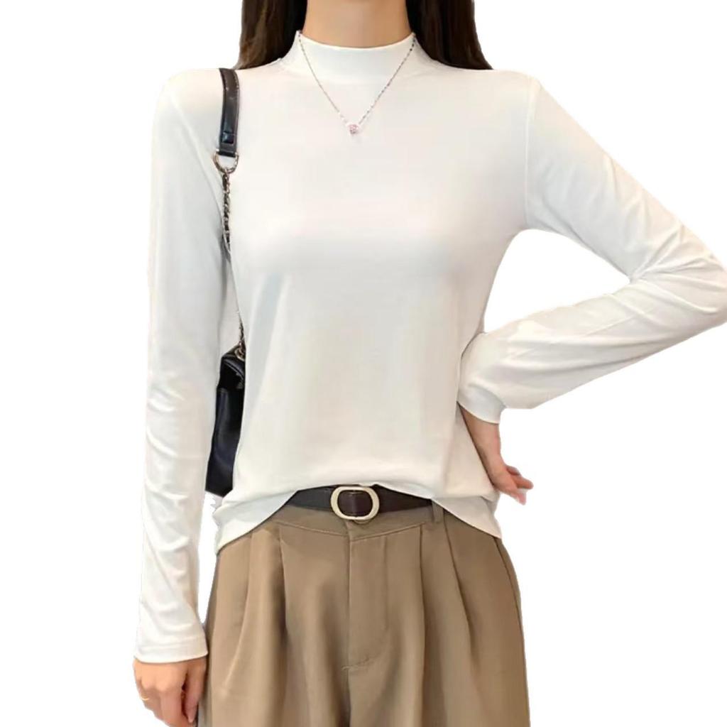 Women's Black Slim-Fit Long Sleeve Mid-Neck Top for Spring/Autumn