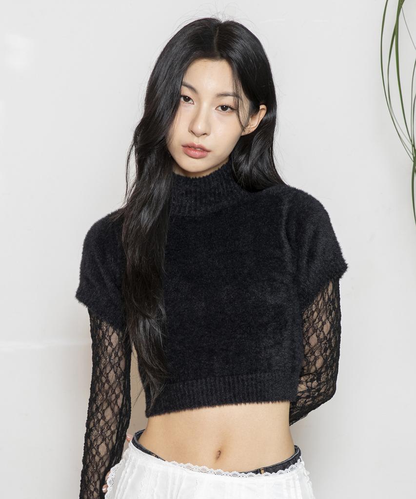 RuNaKi'Hu' Wxk010 Cotton Candy Crop Short Sleeve Knit (Black)