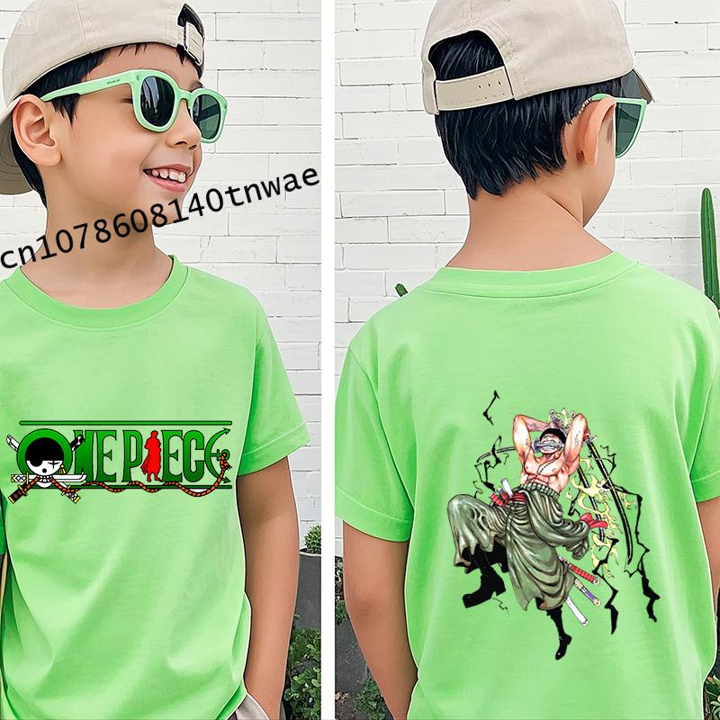 One Piece Roronoa Zoro Anime Kleidung Kinder T-Shirt Baumwolle Kurzarm Grün Cartoon Oberteil für Jungen