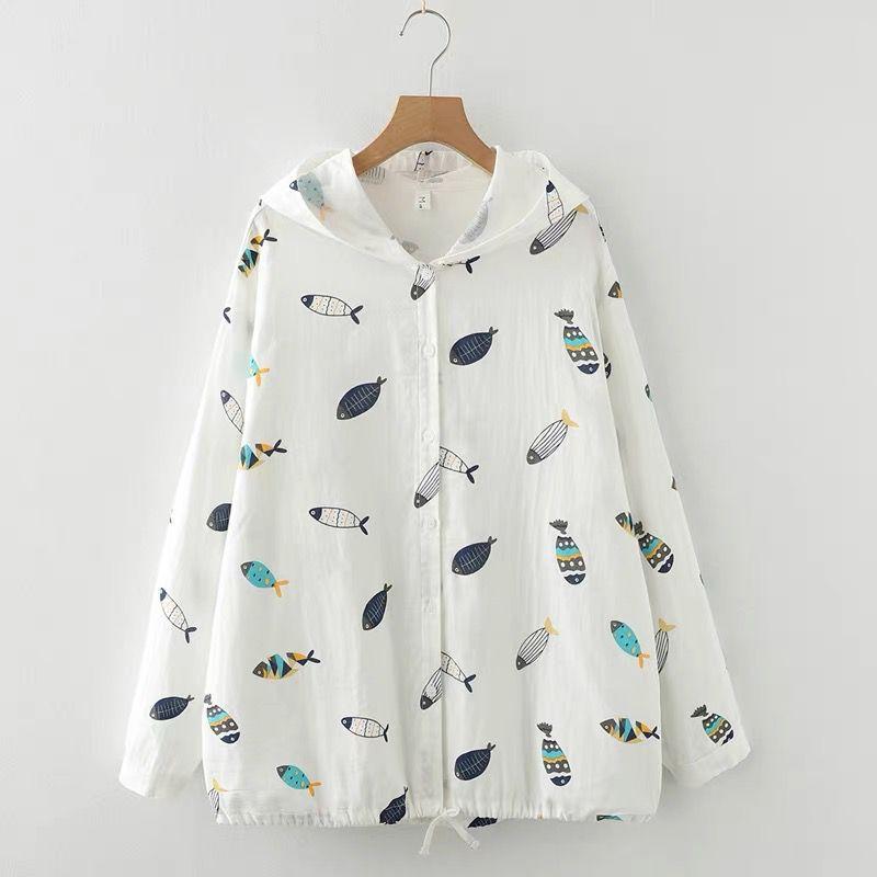 

Одежда Новое Тонкое Однотонное Двухслойное Хлопковое Пальто с Капюшоном и Длинными Рукавами Женское Свободное Легкое в Сочетании Одежда из Чистого Хлопка для Защиты от Солнца Small white fish One size