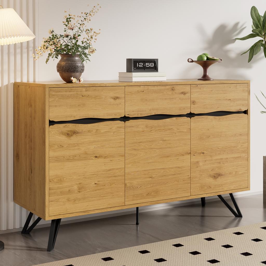 3-Door Sideboard in Wood Look with Metal Legs - Modern Design, Lots of Storage, Easy to Clean - Suitable for Living Room, Dining Room, Hallway