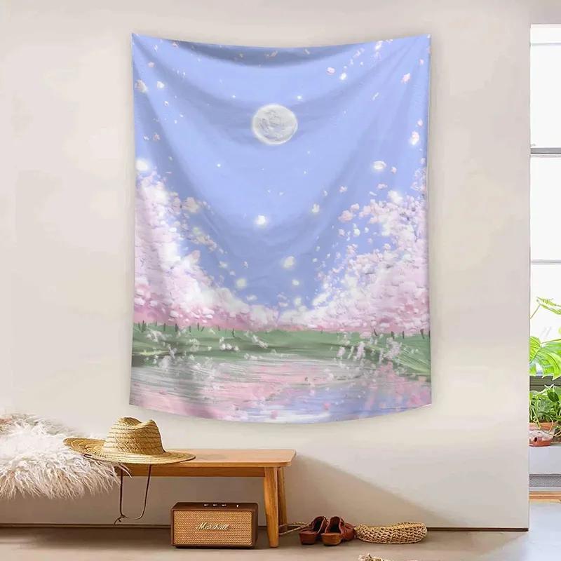 Hand-painted Oil Painting Cute Landscape Pattern Hanging Cloth Home Wall Decoration Tapestry Bedroom Living Room Tapestry