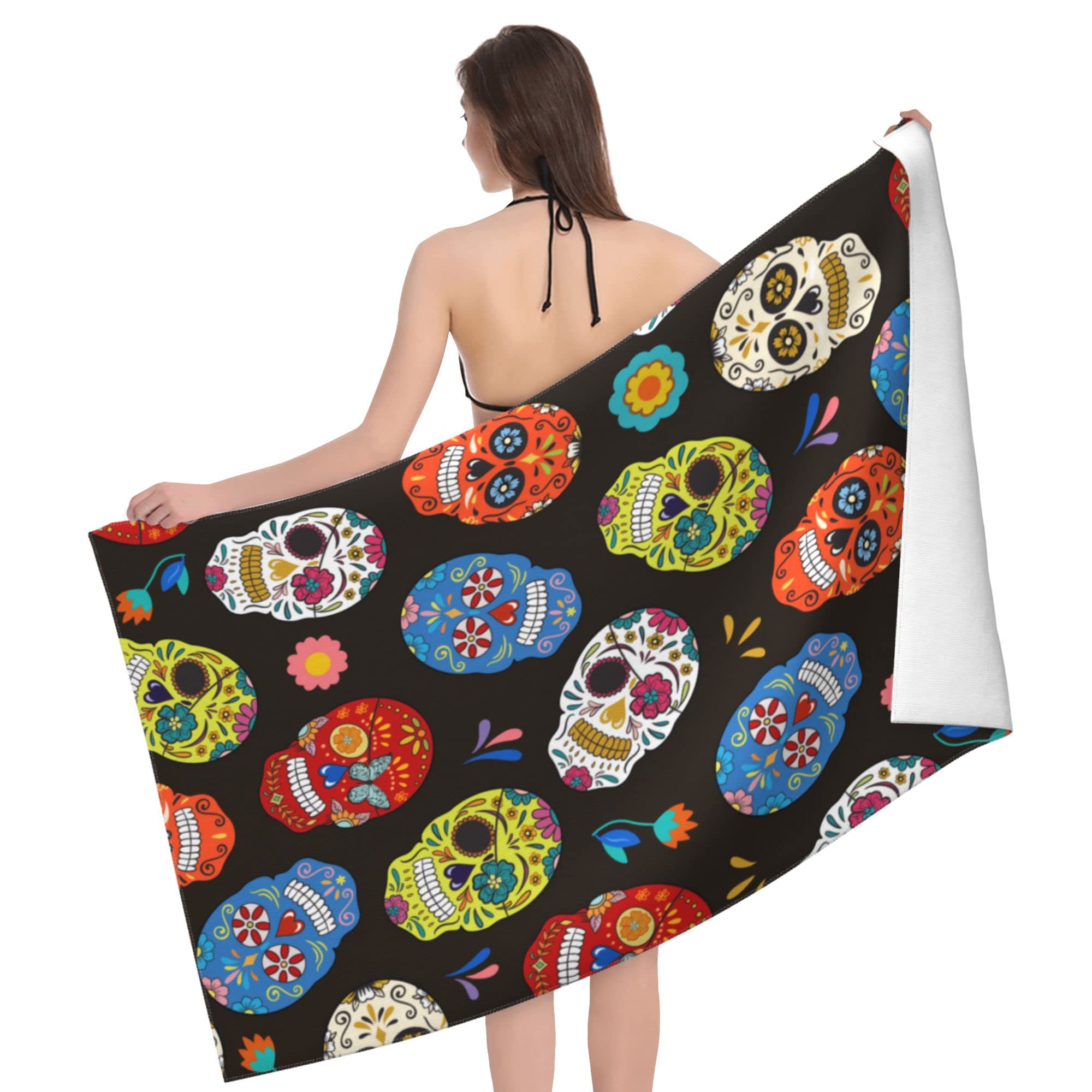 Serviette de Plage Crâne Microfibre Séchage Rapide Plage Imprimé Floral Voyage Fitness Spa Femme Fille Fleur Rose Crâne Grandes Serviettes de Plage 50x30cm