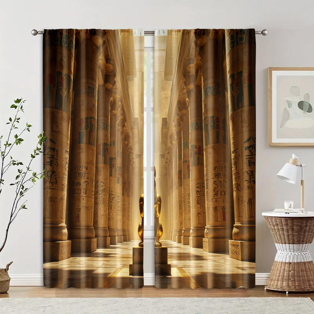 

2 pcs filtering curtains (excluding rods non-movable without batteries) Egyptian Temple for use in bedrooms and living rooms 100*130 Grommet Top 1pcs
