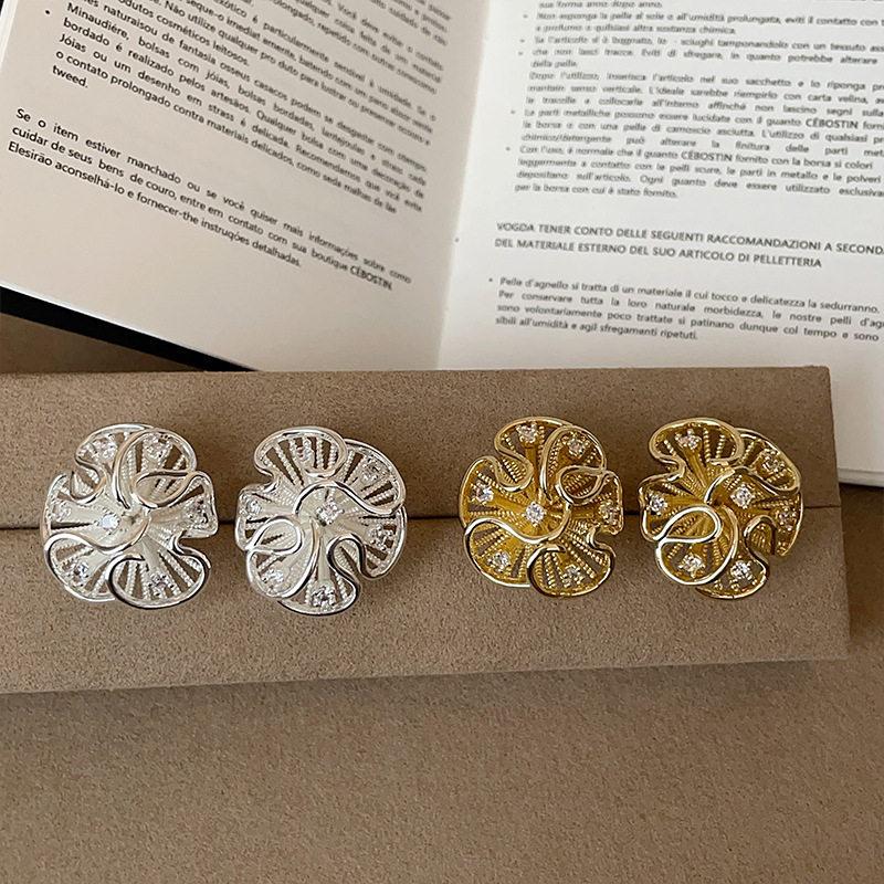 S925 silver needle French delicate lace pleated empty flower stud earrings niche personality trend commuter earrings earrings