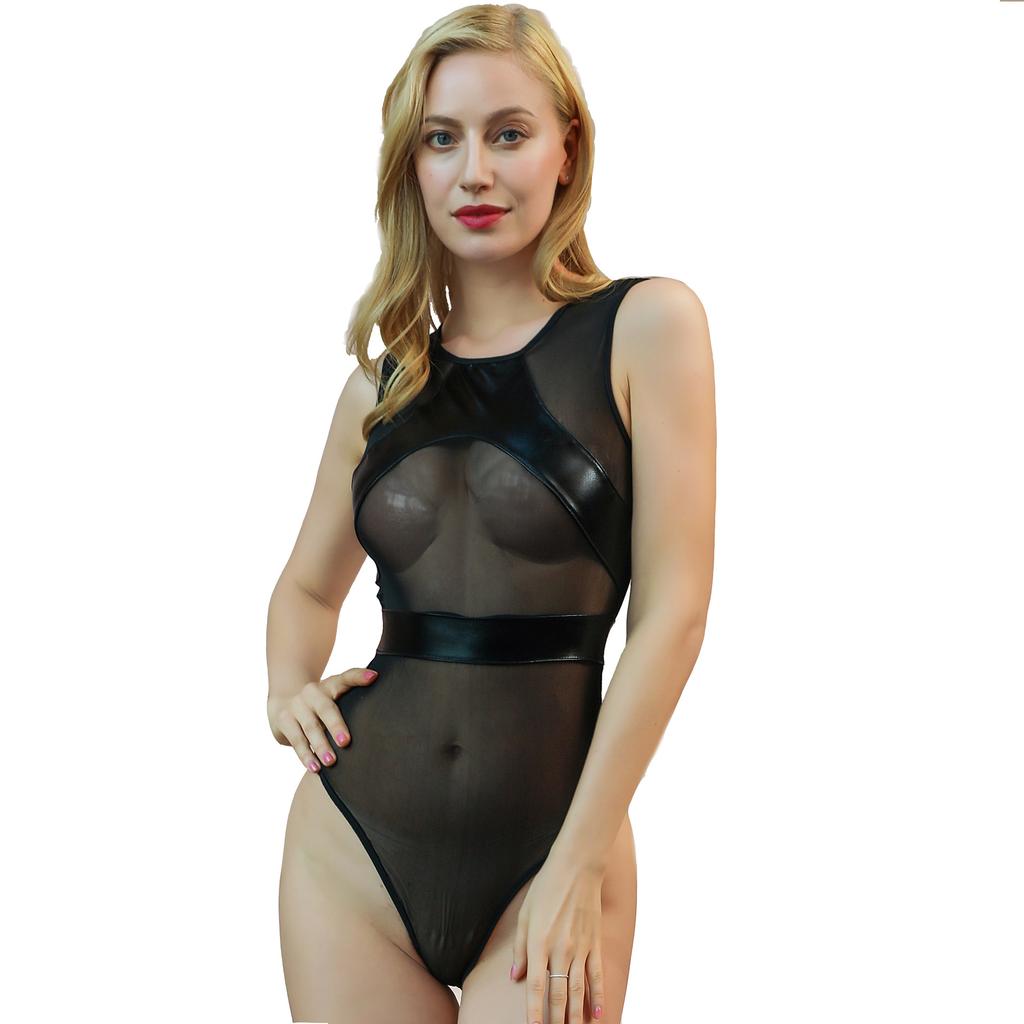 Sex underwear mesh perspective one-piece pajamas seduction back zipper patent leather shapewear swimsuit nightclub uniform