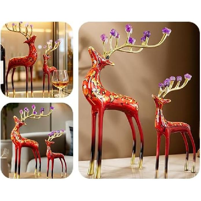Aris & Juno Hand-Painted Copper Deer Statue Pair with Crystal Floral Antler Decor, Modern Oriental Lacquer Art Sculpture for Living Room Entryway