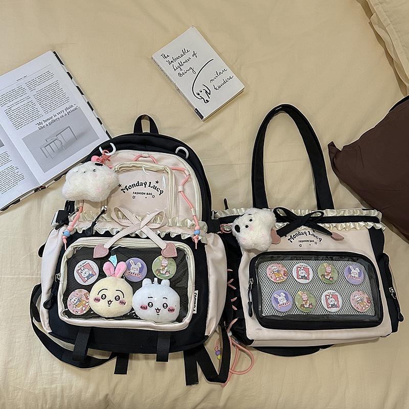 Women's Color Block College-Style Backpack with Ballet Ruffle Lace Design