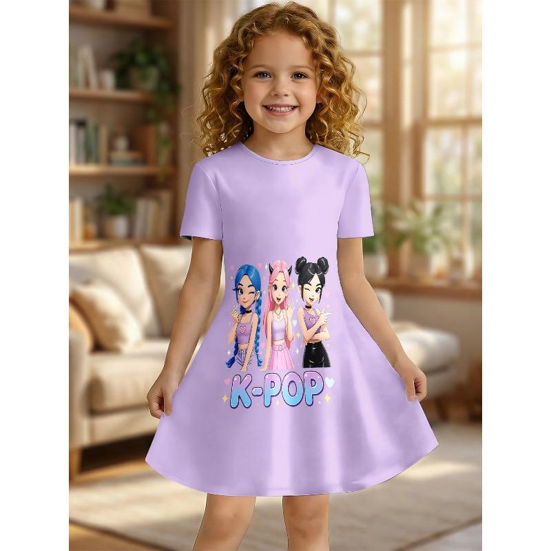 Cute K-Pop Idol Anime Printed Short Sleeved Dress Children's Purple Casual Summer Outfit Suitable for Birthday Gifts and Parties