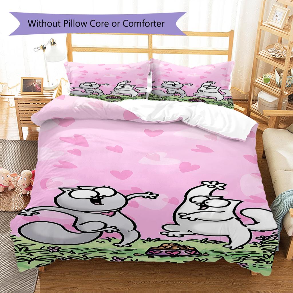 Simon's Cat Pattern Bedding,Quilt Set Quilt Cover Pillowcase Home Birthday Gift (1 * Duvet Cover + 2 * Pillowcase, Without Core)