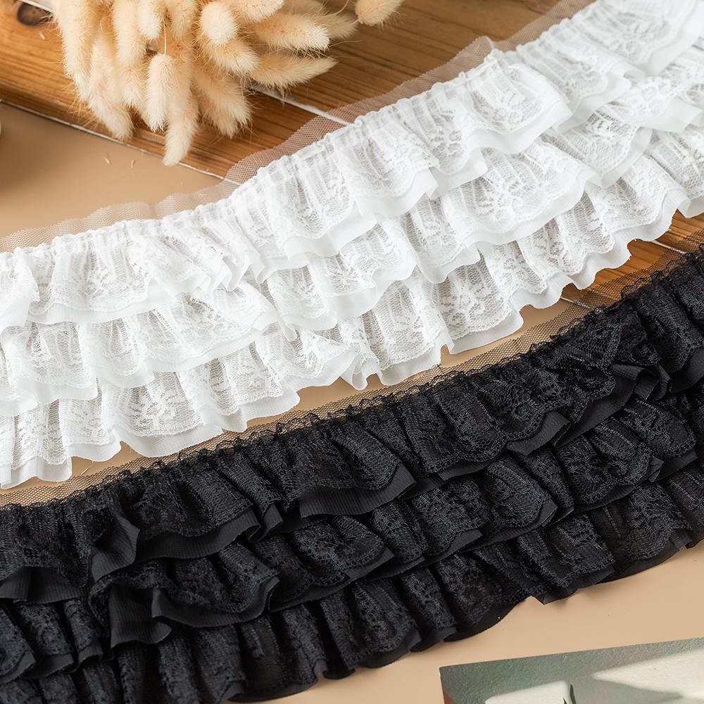 13cm Wide White Black Three Layers Lace Trim Ribbon Pleated Mesh Chiffon Fabric For Sewing Dress Decor Collar Hair Accessories