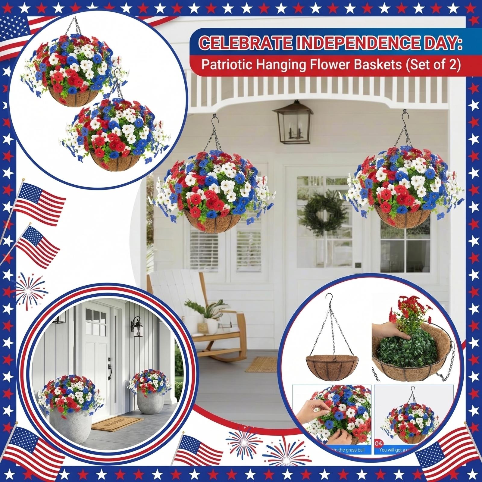 

Artificial Outdoor Hanging Flowers Patriotic-Themed Hanging Baskets, Ideal For Summer Front Porch, Patio, And 4th Of Decor One Size
