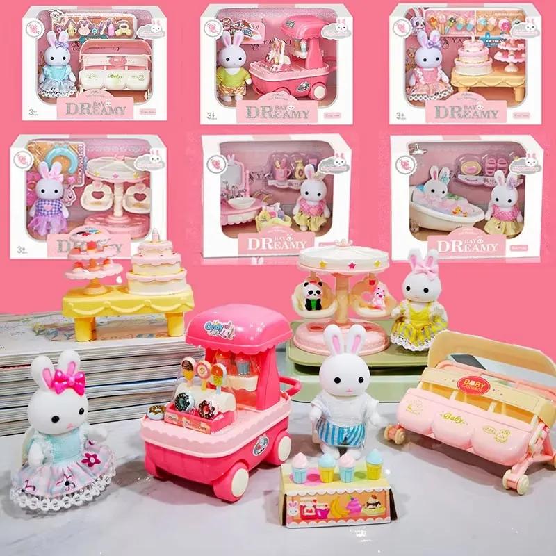 Dollhouse Miniature Furniture Set Rabbit Family Mini Toy House Set Play Game with Diverse Scenes Accessories Birthdays Gifts