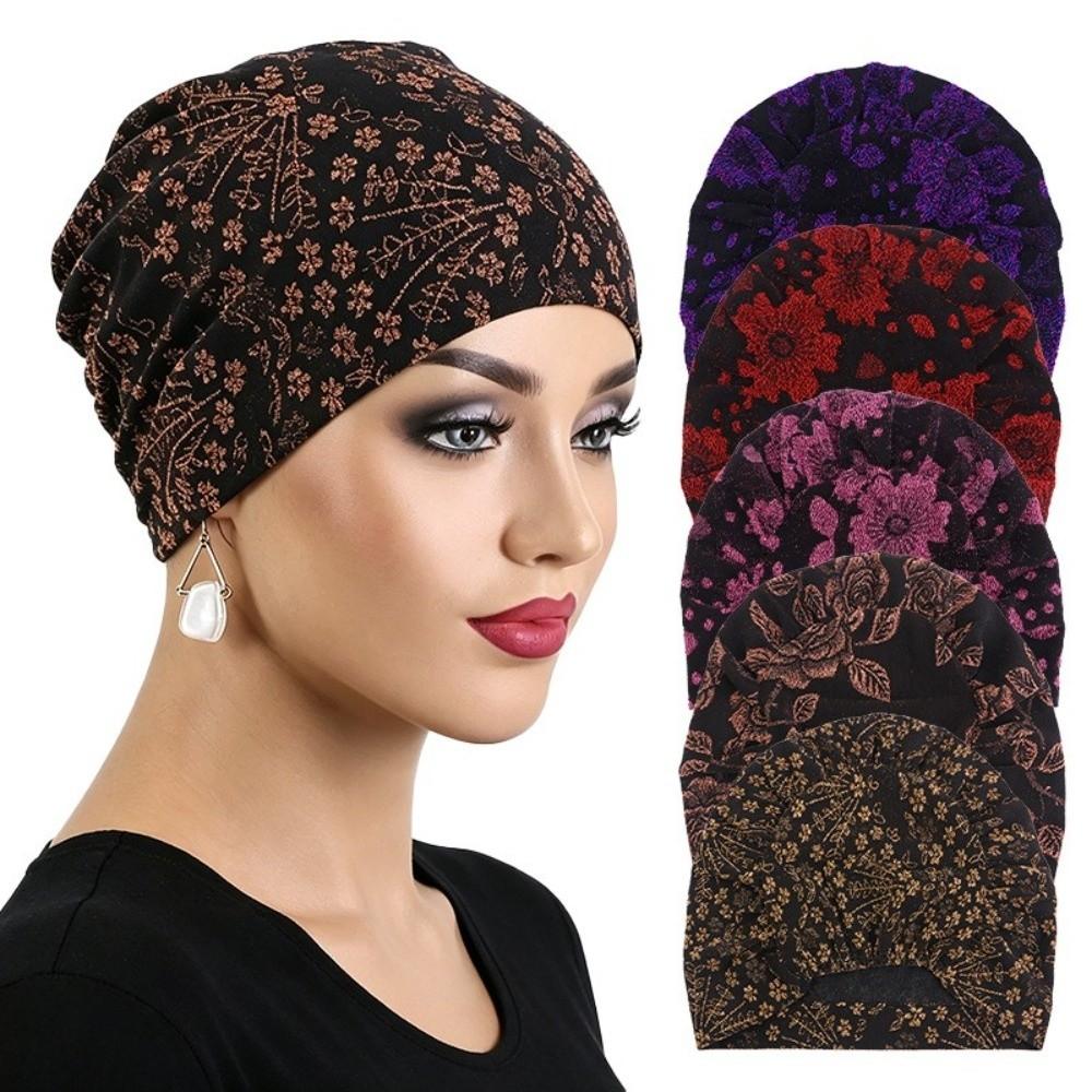 Soft Material Hijab Inner Undercap Glitter Floral Print Chemo Head Wrap For Hair Loss