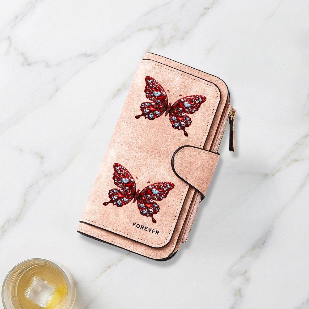 Jeweled Heart and Butterfly Print Long Wallet Multifunctional Portable Coin Purse With Clasp Large Capacity Clutch Bag Perfect For Daily Commuting