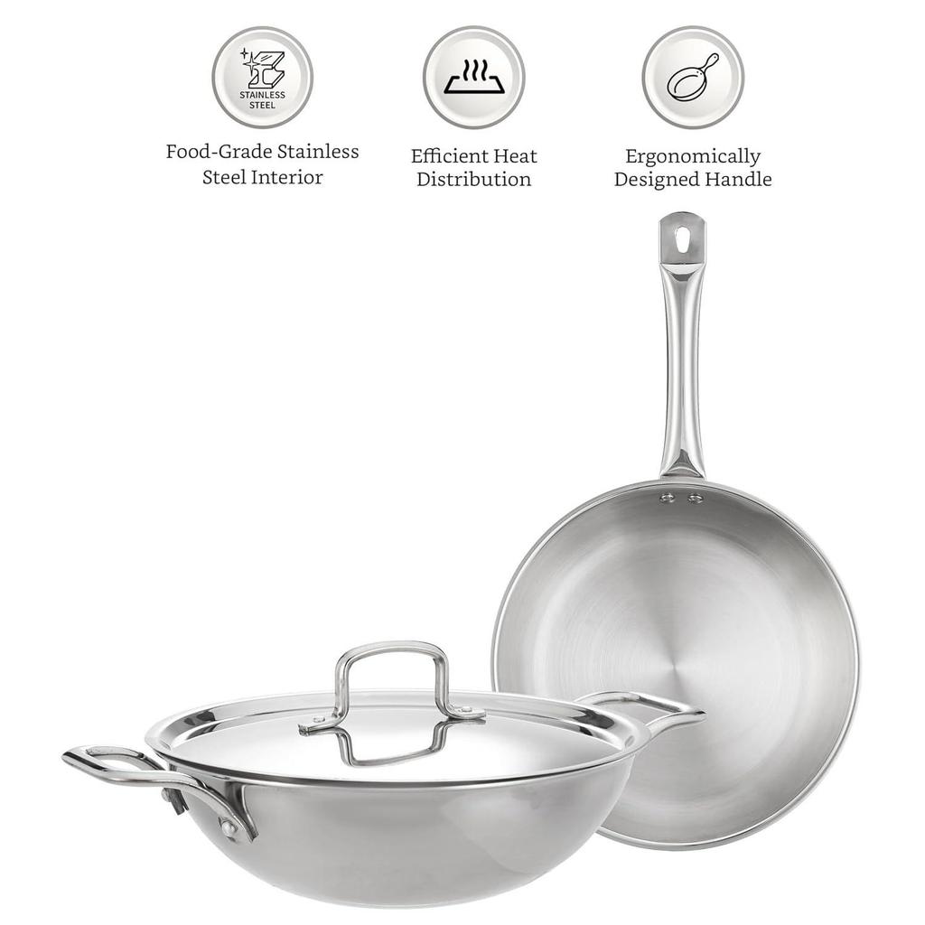 Triply Stainless Steel 2 Piece Cookware Set (Kadhai/Wok with Lid-24 Cm, Fry Pan-24 Cm) Induction and Gas Stove Compatible