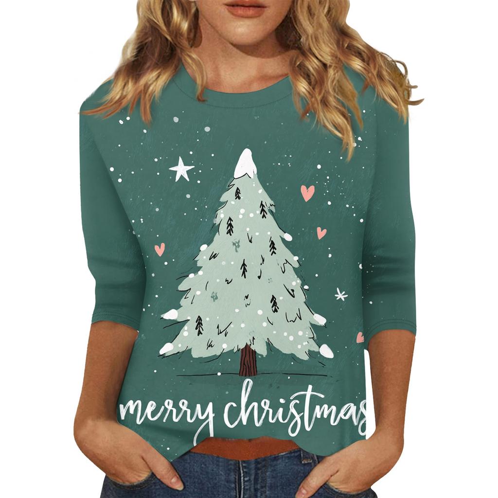 Women's O-Neck 3/4 Sleeve Christmas Print Top