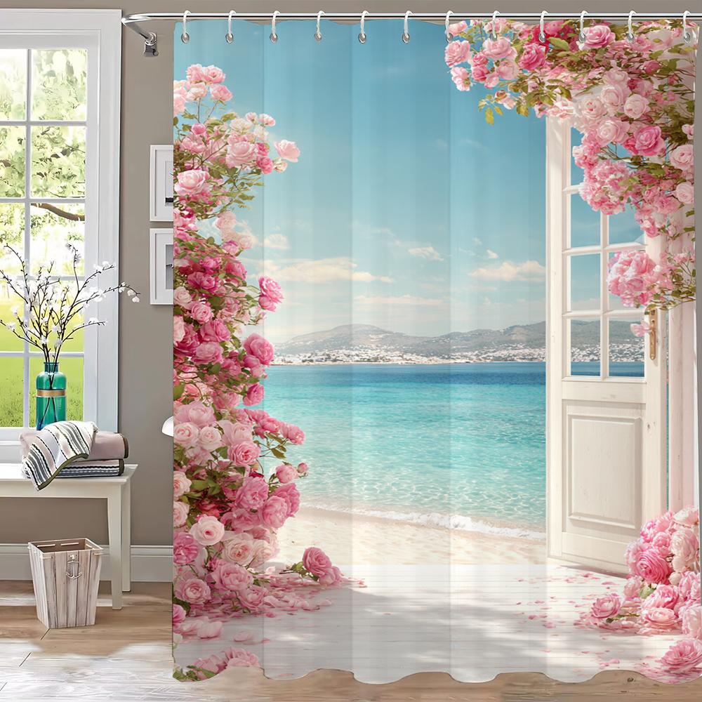 Seaside Beach Flower Scenery Print Waterproof Shower Curtain Partition Privacy Hanging Curtain With 12 Hooks Machine Washable