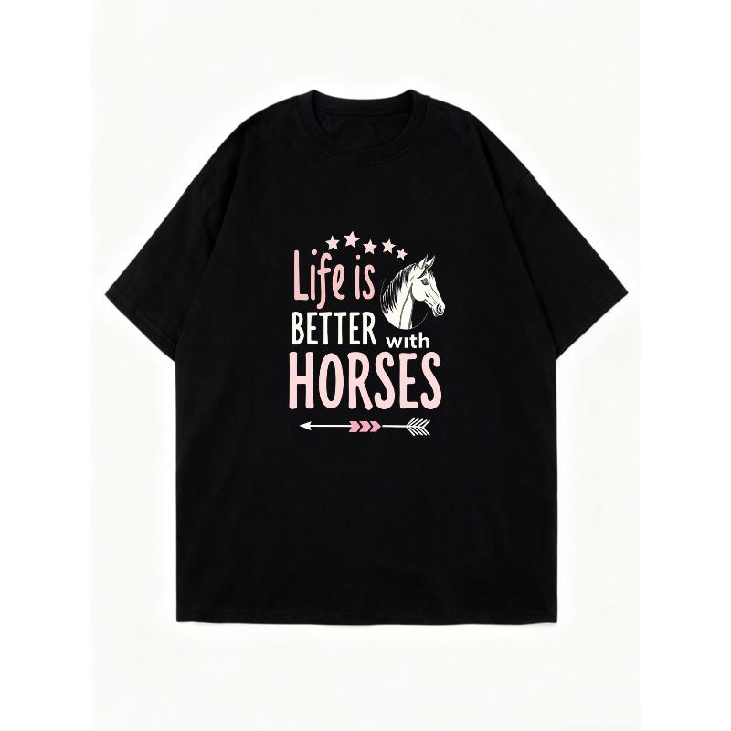 Oversized T-Shirt Black Life Is Better With Horses Horse Graphic And Text Print For Casual Wear And Equestrian Lovers