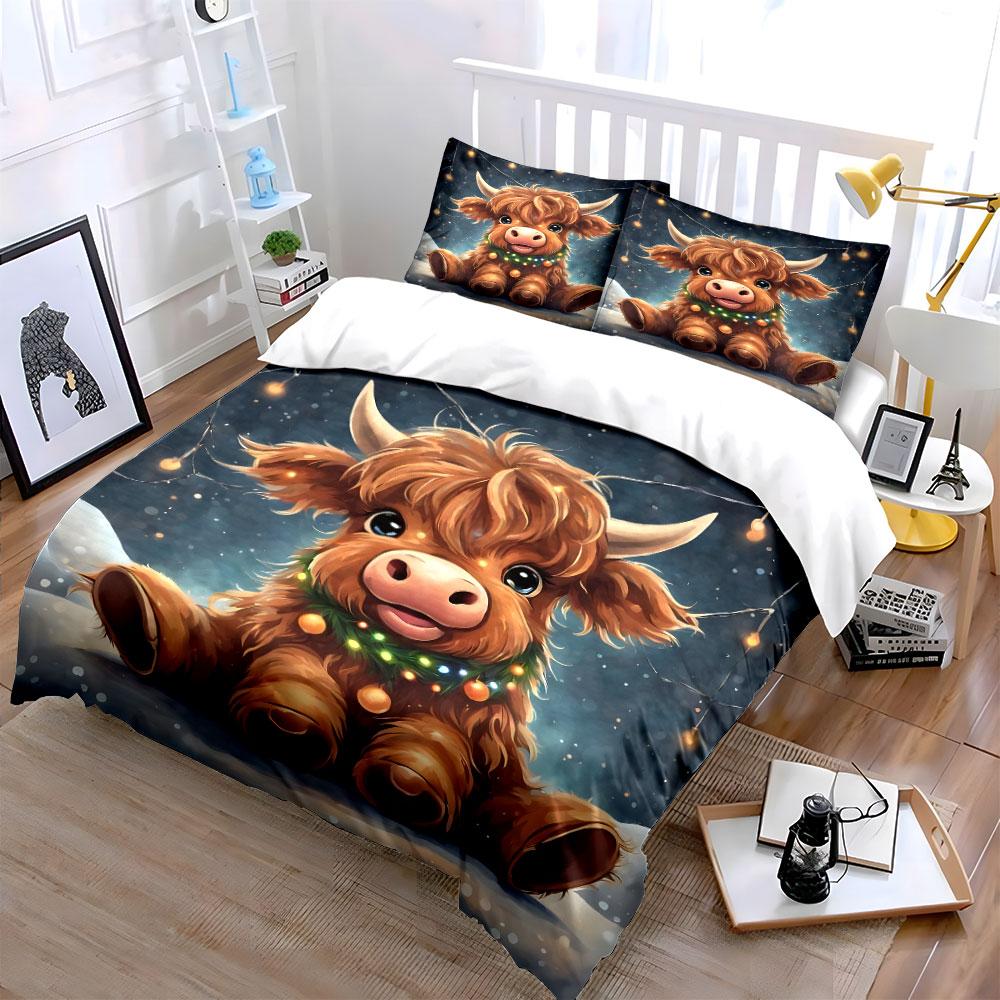 Cute Highland Cow Wearing A Christmas Wreath Printed Duvet Cover Set1 Duvet Cover+2 Pillowcasemulti Size Bedroom Bedding Decor
