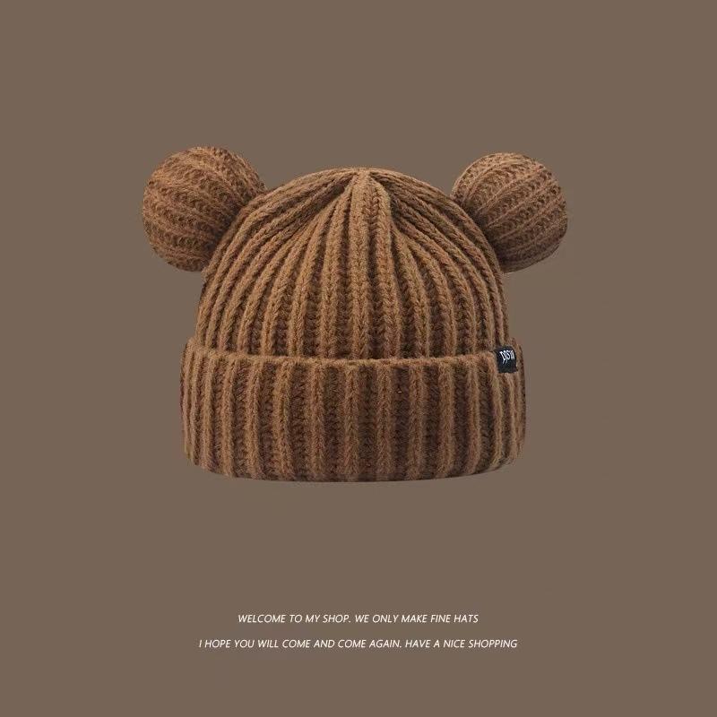 Cute bear wool hat women's winter plush warm fluffy autumn and winter big head circumference knitted hat