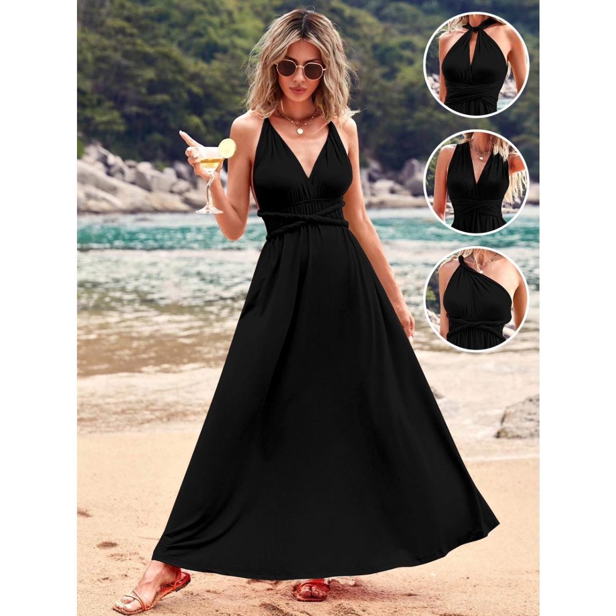 Summer New Women s Casual Fashion Simple Sexy Backless Pleated Drape V-neck Suspender Midi Dress XS