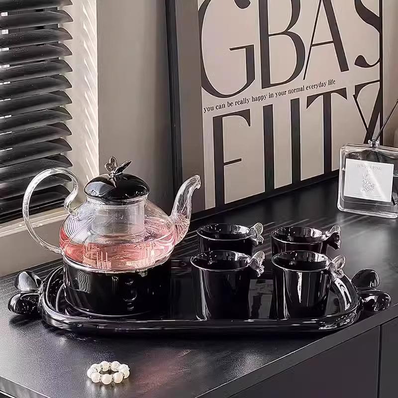

Керамический чайник и набор чашек в скандинавском стиле - Легкая роскошь, Отдых на открытом воздухе, Отделка цветной глазурью, Идеальный ценный подарок на новоселье. Silver Butterfly Flower Teapot Set - Black