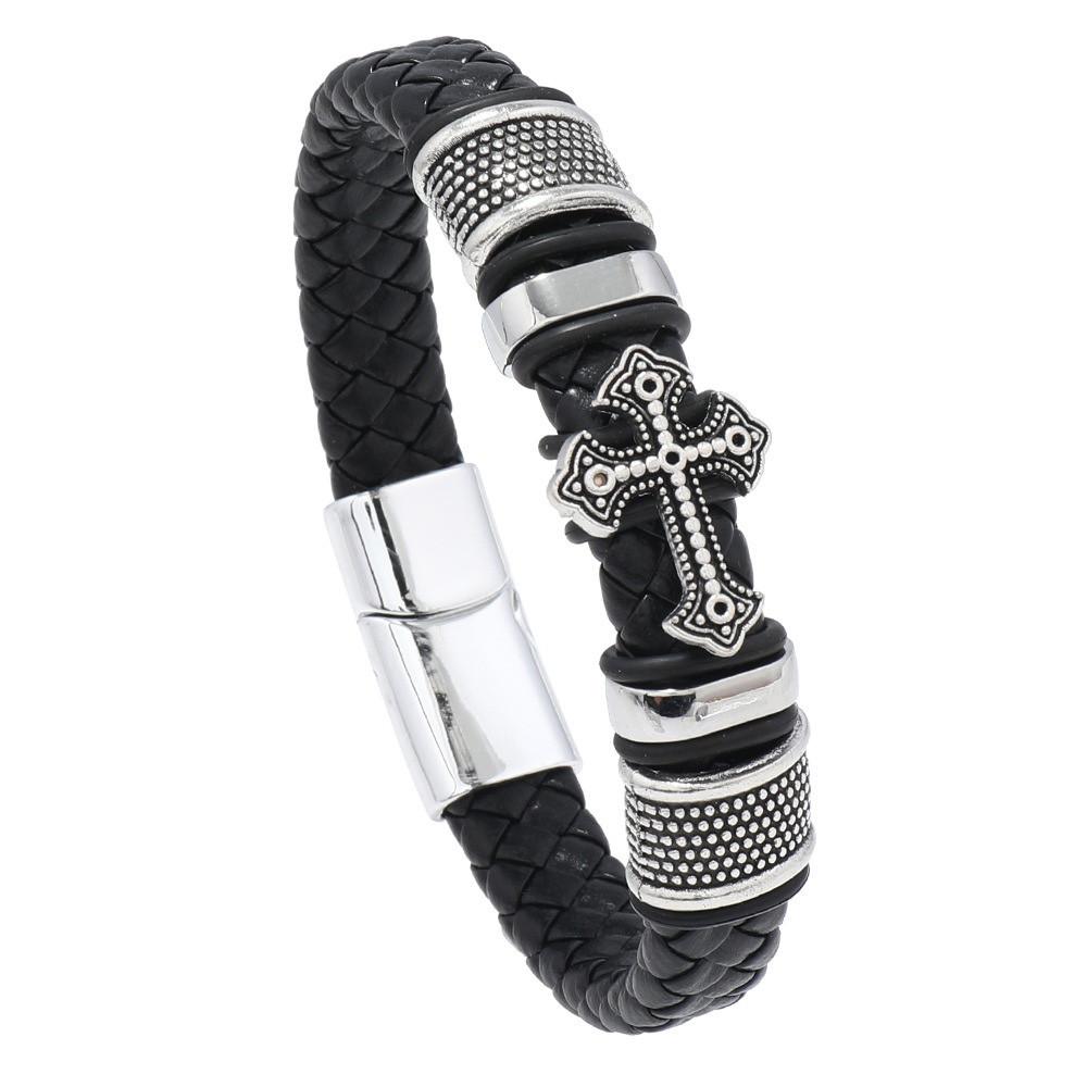 

Diamond Cross Braided Leather Bracelet Retro Wide Edge Men s Alloy Magnetic Buckle Jewelry Accessories