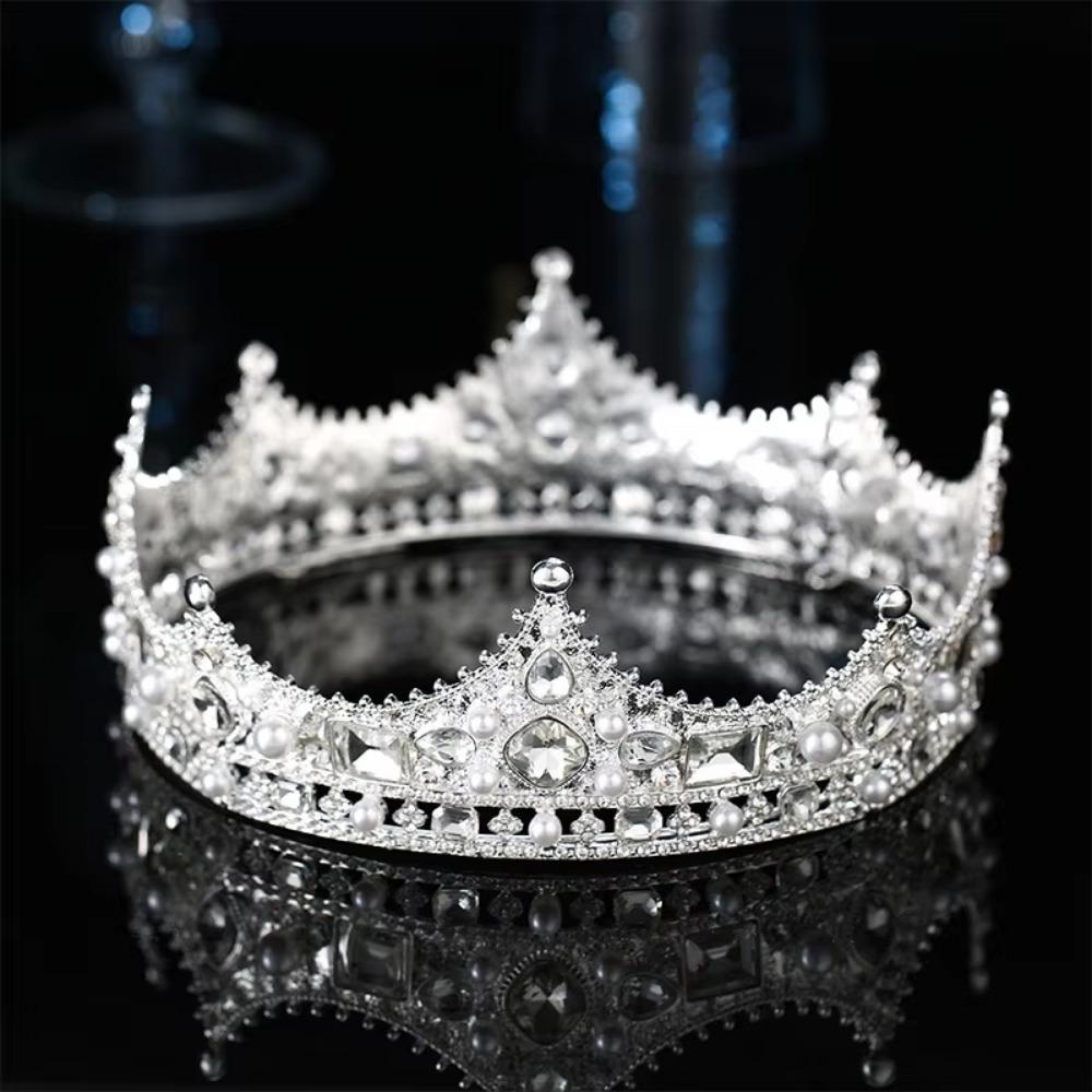 Rhinestone Bridal Tiara Crown Round Shape Wedding Hair Jewelry Vintage Baroque Crown  Costume Party