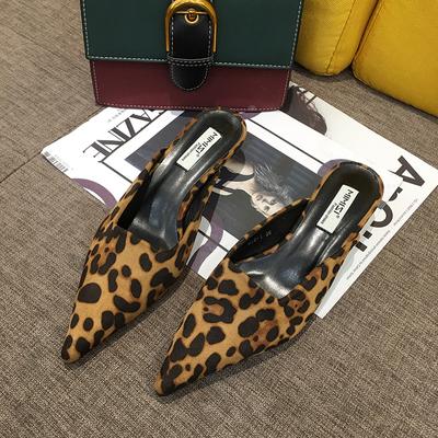 Fashion Women Slippers Pointed Toe Leopard Design Shallow Slip On Thin Low Heels Black Flock Design Casual Mules Loafers Black Outdoor