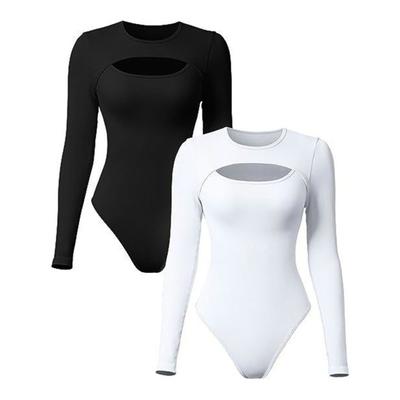 Women Bodysuit Sexy Hollow Slim Fit Long Sleeves Round Collar Solid Color Stretch Breathable Soft Autumn Ladies Female Leotard Top Womenswear