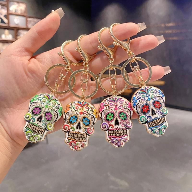 Halloween Skull Keychain Charm, Floral Skull Bag Charm with Alloy Hardware, Lobster Clasp and Round Key Ring for Keys