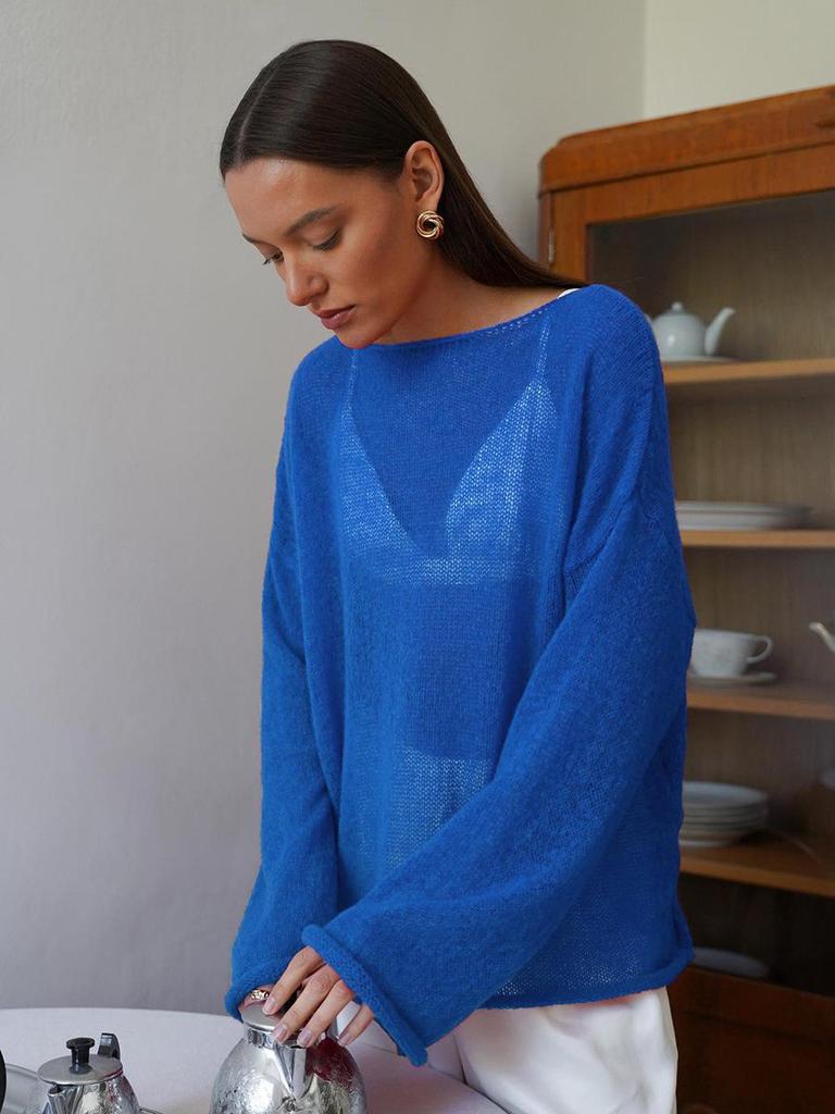 "2025 Spring/Summer Women's Sheer Knit Sweater: European and American Style, Trumpet Sleeves, Round Neck"