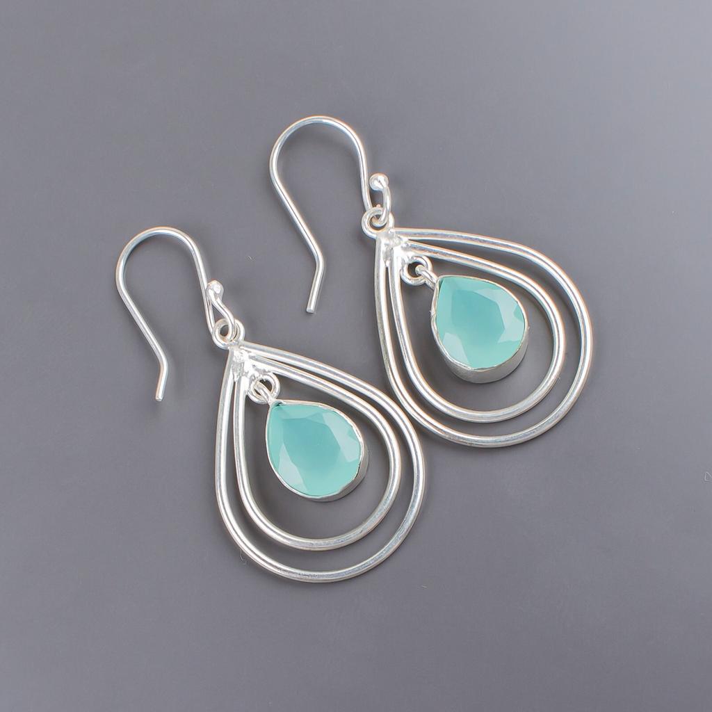 Aqua Chalcedony Gemstone 925 Sterling Silver Handcrafted Jewelry Earrings 2.00" EE-34-18