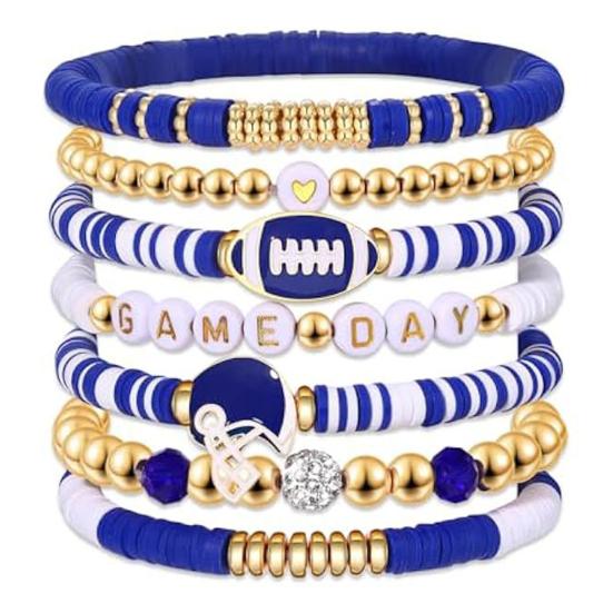 Game Day Bracelets Stackable Sports Football Charm Bracelets Elasticated Football Themed Bracelets Set for Women Men Football Fans Boho Summer