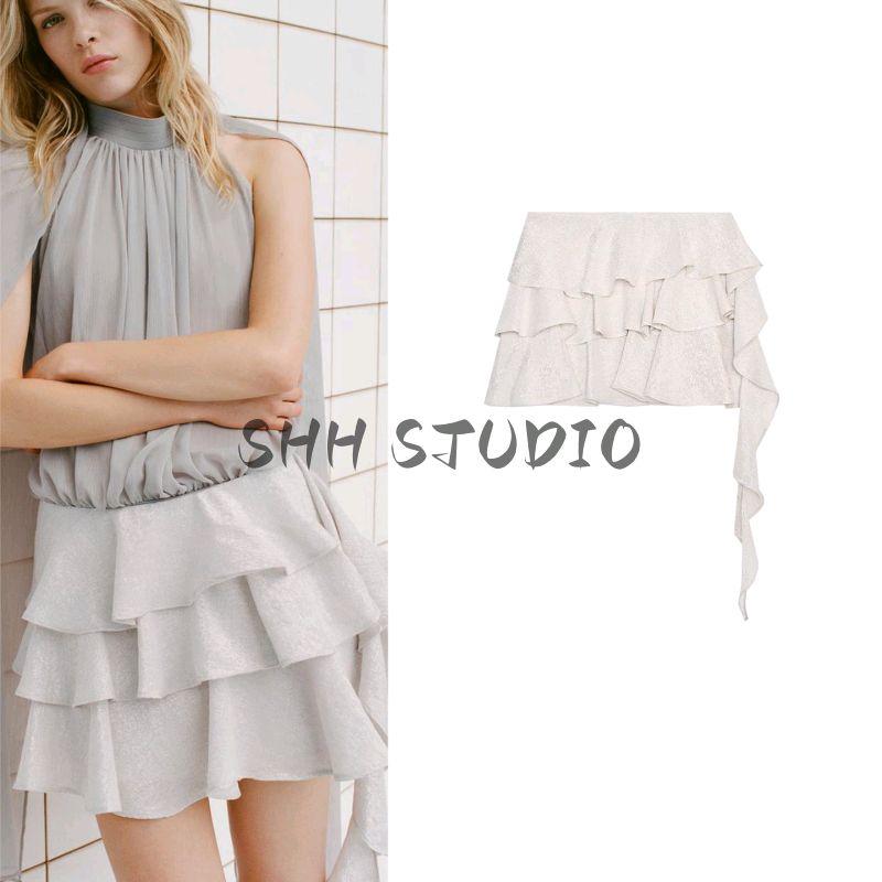 Summer New Product Women's Clothes Casual Style Metal Color Line Asymmetric Laminated Decoration Mini Skirt 2180409